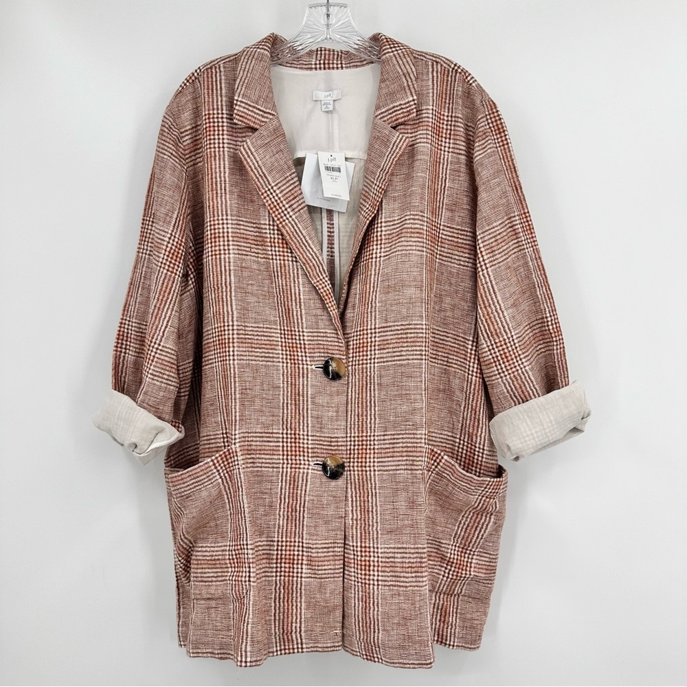 J. Jill NWT Harper Linen Blend Plaid Relaxed Fit Blazer Brown Size XL Petite - Picture 3 of 9